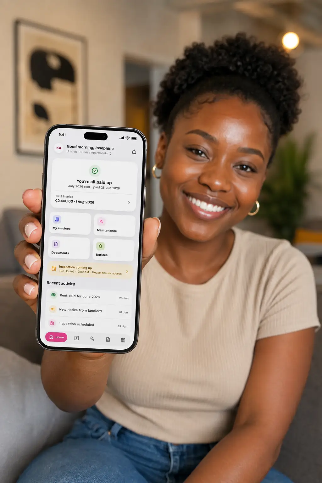 A tenant showing her paid-up rent in the Yiliora tenant app