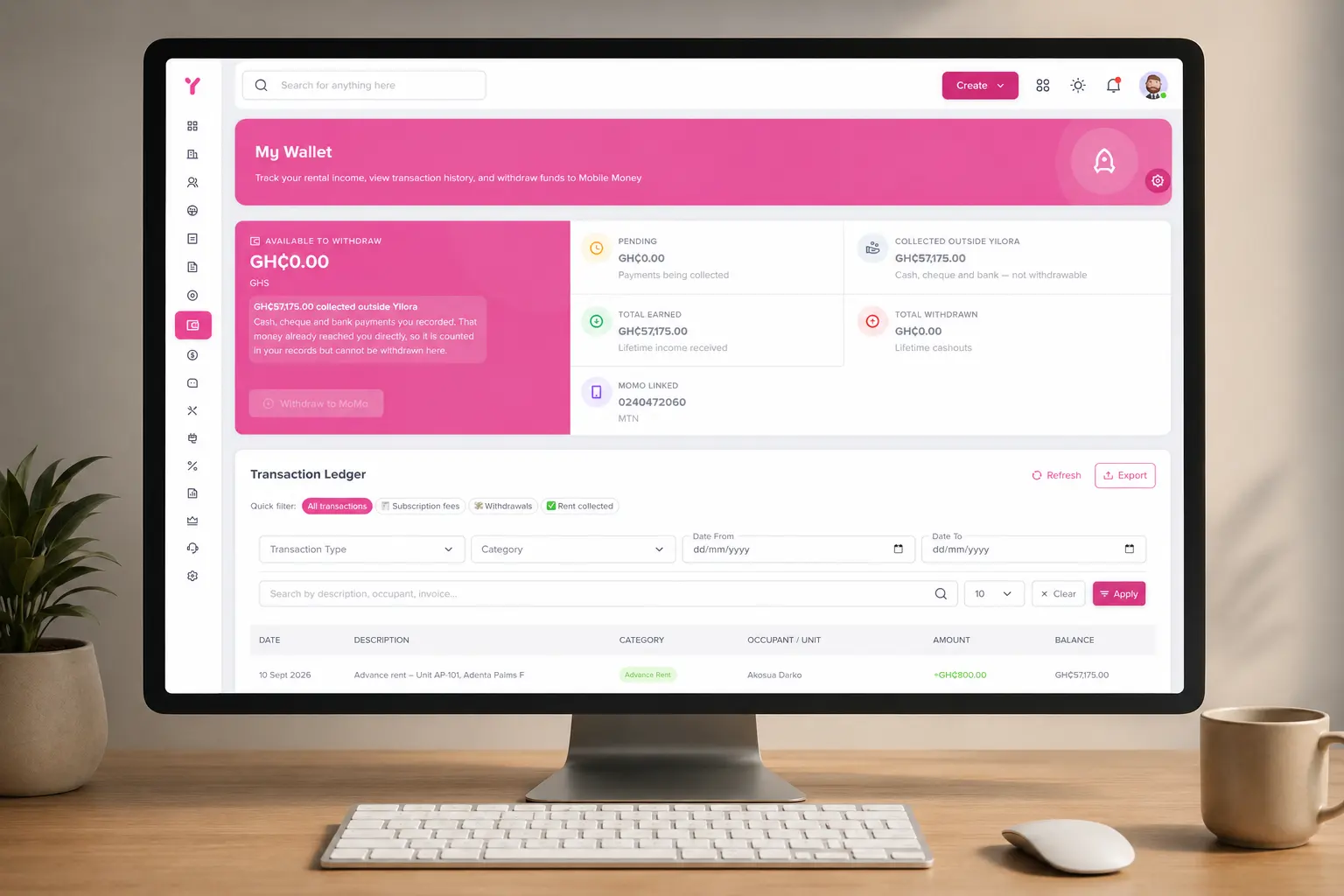 The Yiliora wallet showing logged payouts